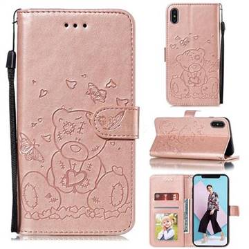 Embossing Butterfly Heart Bear Leather Wallet Case for iPhone XS Max (6.5 inch) - Rose Gold