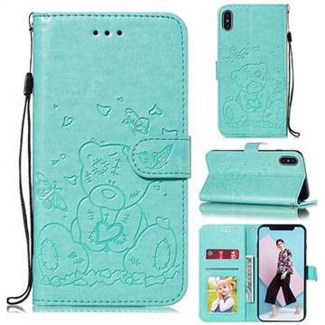 Embossing Butterfly Heart Bear Leather Wallet Case for iPhone XS Max (6.5 inch) - Green