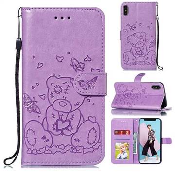 Embossing Butterfly Heart Bear Leather Wallet Case for iPhone XS Max (6.5 inch) - Purple