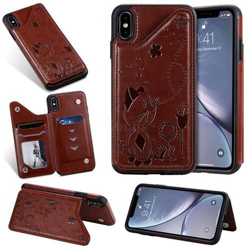 Luxury Bee and Cat Multifunction Magnetic Card Slots Stand Leather Back Cover for iPhone XS Max (6.5 inch) - Brown