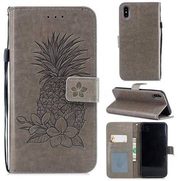 Embossing Flower Pineapple Leather Wallet Case for iPhone XS Max (6.5 inch) - Gray