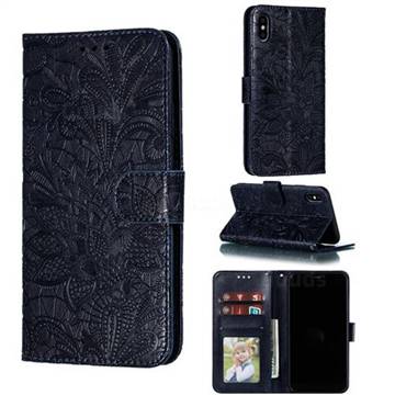 Intricate Embossing Lace Jasmine Flower Leather Wallet Case for iPhone XS Max (6.5 inch) - Dark Blue