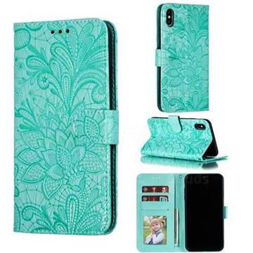 Intricate Embossing Lace Jasmine Flower Leather Wallet Case for iPhone XS Max (6.5 inch) - Green