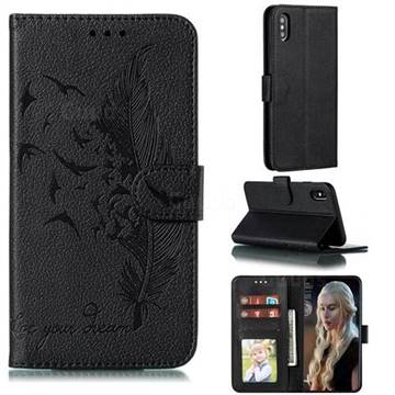 Intricate Embossing Lychee Feather Bird Leather Wallet Case for iPhone XS Max (6.5 inch) - Black