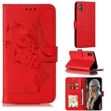 Intricate Embossing Lychee Feather Bird Leather Wallet Case for iPhone XS Max (6.5 inch) - Red