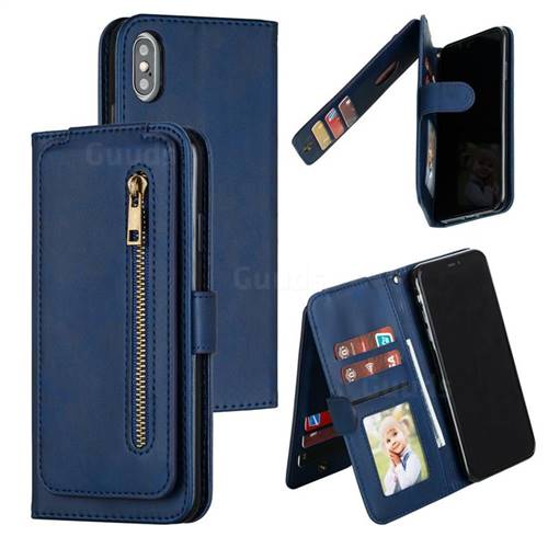 Multifunction 9 Cards Leather Zipper Wallet Phone Case for iPhone XS Max (6.5 inch) - Blue