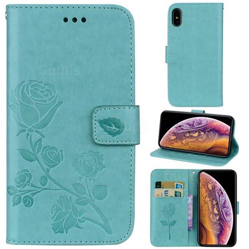 Embossing Rose Flower Leather Wallet Case for iPhone XS Max (6.5 inch) - Green