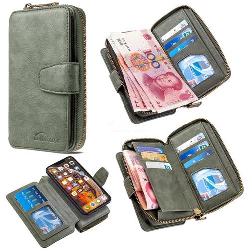Binfen Color Retro Buckle Zipper Multifunction Leather Phone Wallet for iPhone XS Max (6.5 inch) - Celadon