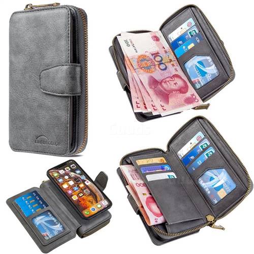 Binfen Color Retro Buckle Zipper Multifunction Leather Phone Wallet for iPhone XS Max (6.5 inch) - Gray