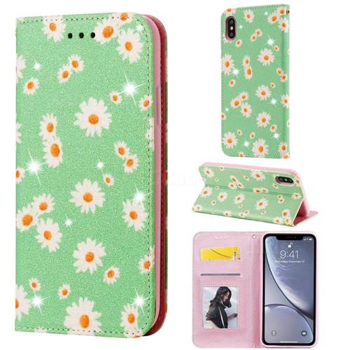 Ultra Slim Daisy Sparkle Glitter Powder Magnetic Leather Wallet Case for iPhone XS Max (6.5 inch) - Green