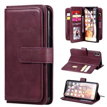 Multi-function Ten Card Slots and Photo Frame PU Leather Wallet Phone Case Cover for iPhone XS Max (6.5 inch) - Claret