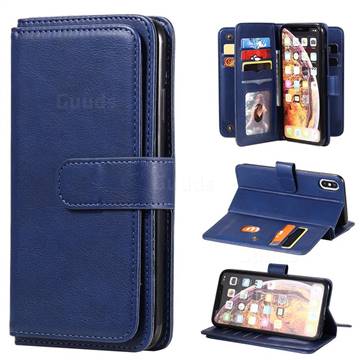 Multi-function Ten Card Slots and Photo Frame PU Leather Wallet Phone Case Cover for iPhone XS Max (6.5 inch) - Dark Blue