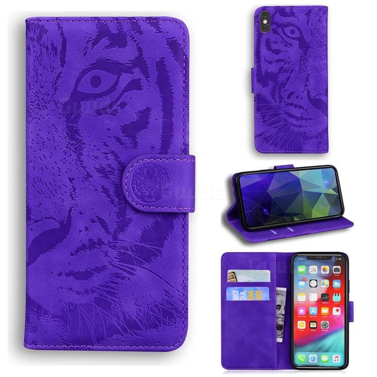 Intricate Embossing Tiger Face Leather Wallet Case for iPhone XS Max (6.5 inch) - Purple