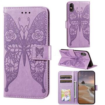 Intricate Embossing Rose Flower Butterfly Leather Wallet Case for iPhone XS Max (6.5 inch) - Purple