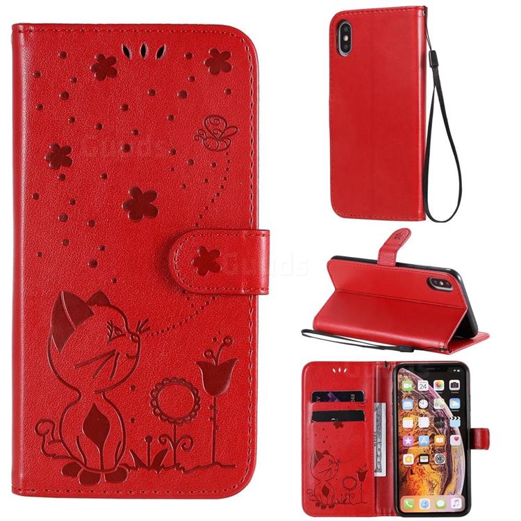 Embossing Bee and Cat Leather Wallet Case for iPhone XS Max (6.5 inch) - Red