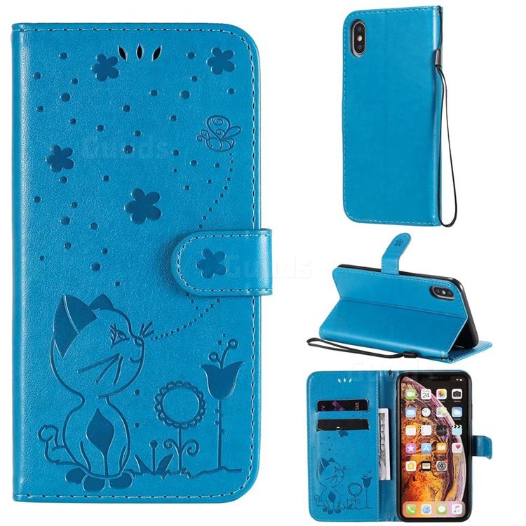 Embossing Bee and Cat Leather Wallet Case for iPhone XS Max (6.5 inch) - Blue