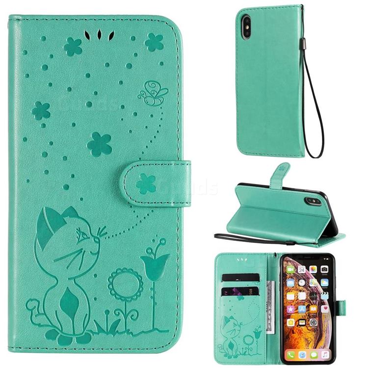 Embossing Bee and Cat Leather Wallet Case for iPhone XS Max (6.5 inch) - Green