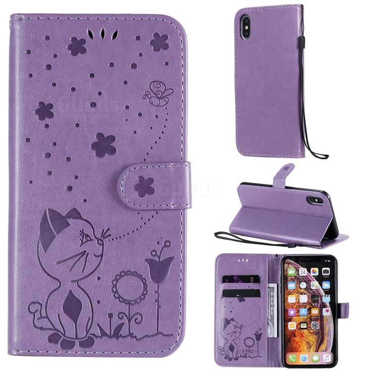 Embossing Bee and Cat Leather Wallet Case for iPhone XS Max (6.5 inch) - Purple