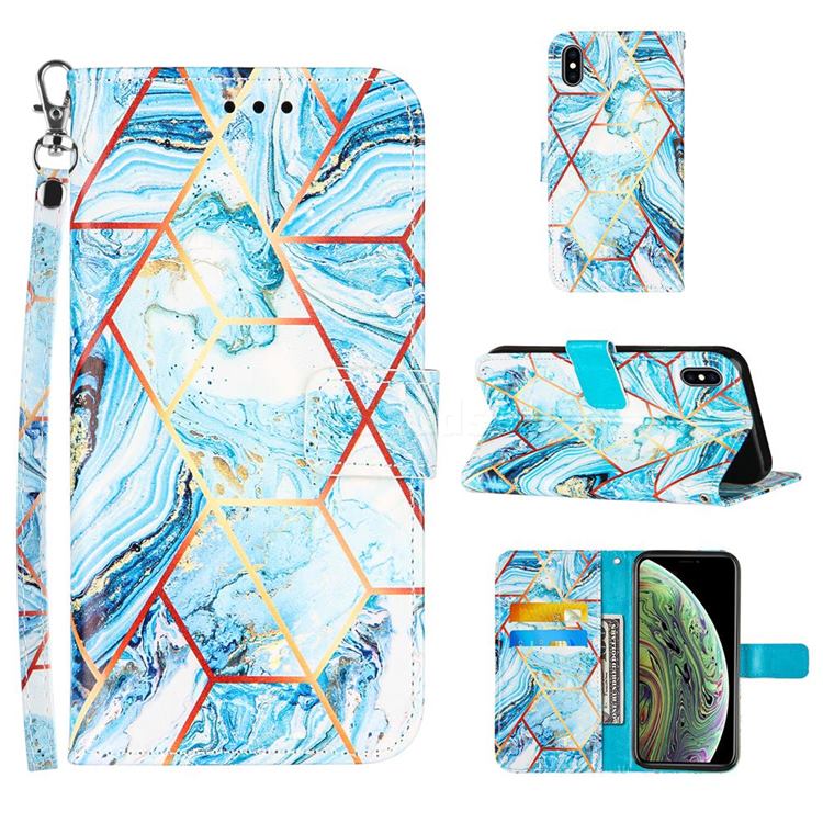 Lake Blue Stitching Color Marble Leather Wallet Case for iPhone XS Max (6.5 inch)
