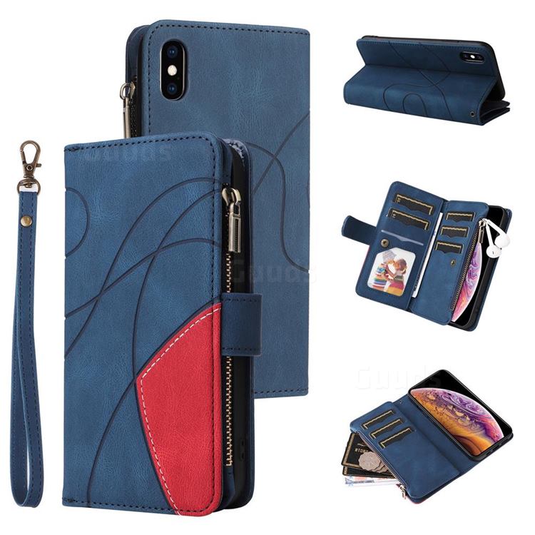 Luxury Two-color Stitching Multi-function Zipper Leather Wallet Case Cover for iPhone XS Max (6.5 inch) - Blue