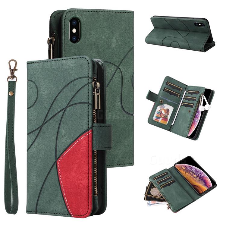Luxury Two-color Stitching Multi-function Zipper Leather Wallet Case Cover for iPhone XS Max (6.5 inch) - Green