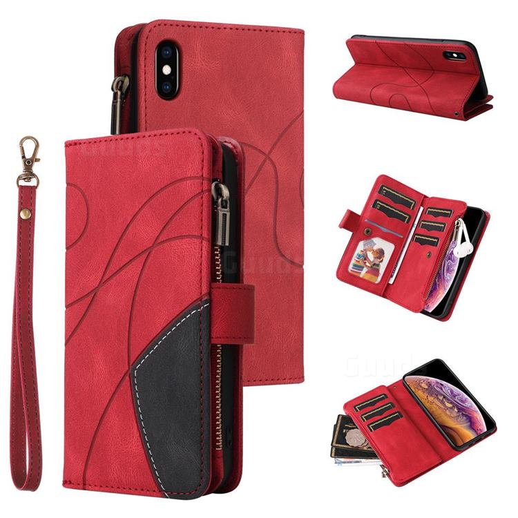 Luxury Two-color Stitching Multi-function Zipper Leather Wallet Case Cover for iPhone XS Max (6.5 inch) - Red