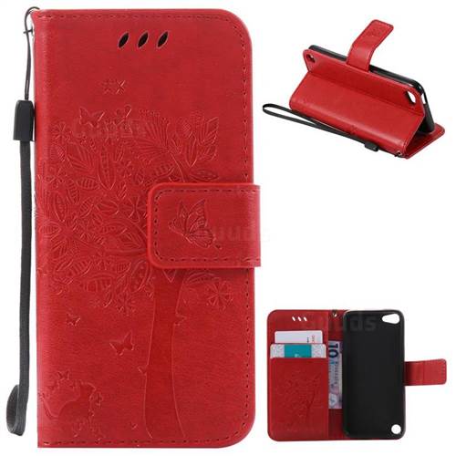 Embossing Butterfly Tree Leather Wallet Case for iPod touch iTouch 5 6 - Red
