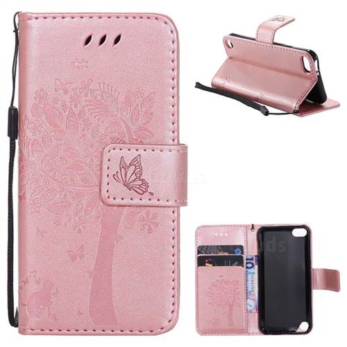 Embossing Butterfly Tree Leather Wallet Case for iPod Touch 5 6 - Rose Pink