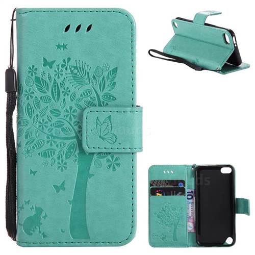 Embossing Butterfly Tree Leather Wallet Case for iPod Touch 5 6 - Cyan