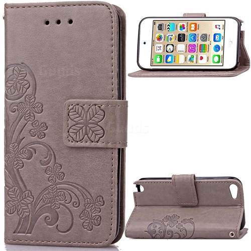Embossing Imprint Four-Leaf Clover Leather Wallet Case for iPod touch iTouch 5 6 - Gray