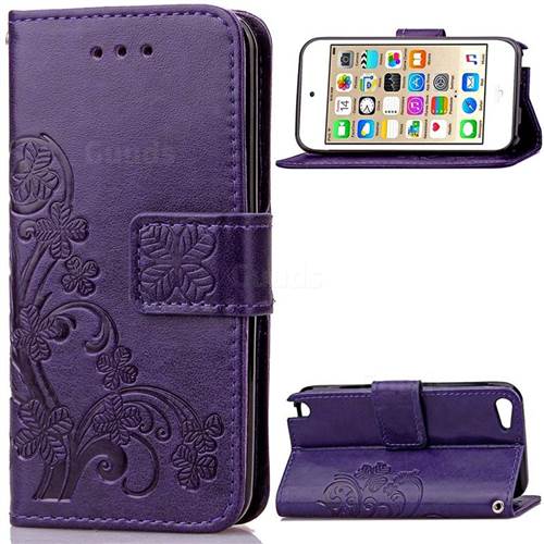 Embossing Imprint Four-Leaf Clover Leather Wallet Case for iPod touch iTouch 5 6 - Purple