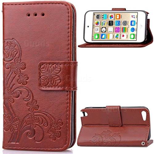 Embossing Imprint Four-Leaf Clover Leather Wallet Case for iPod touch iTouch 5 6 - Brown