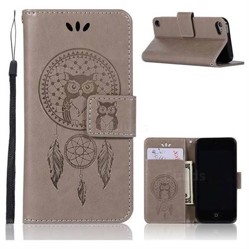 Intricate Embossing Owl Campanula Leather Wallet Case for iPod Touch 5 6 - Grey