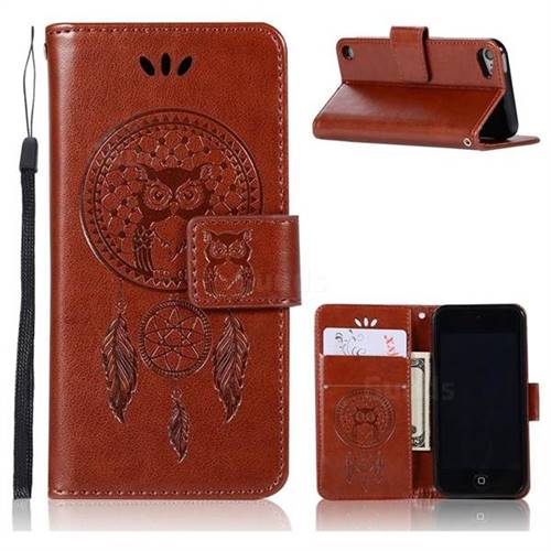 Intricate Embossing Owl Campanula Leather Wallet Case for iPod Touch 5 6 - Brown