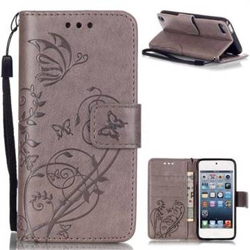 Embossing Butterfly Flower Leather Wallet Case for iPod Touch 5 6 - Grey