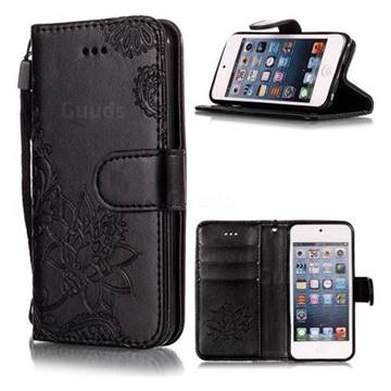 Intricate Embossing Lotus Mandala Flower Leather Wallet Case for iPod Touch 5 6 - Black