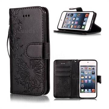 Intricate Embossing Dandelion Butterfly Leather Wallet Case for iPod Touch 5 6 - Black
