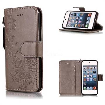Intricate Embossing Dandelion Butterfly Leather Wallet Case for iPod Touch 5 6 - Gray