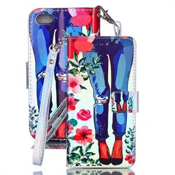 Jeans Flower Blue Ray Light PU Leather Wallet Case for iPod Touch 5 6