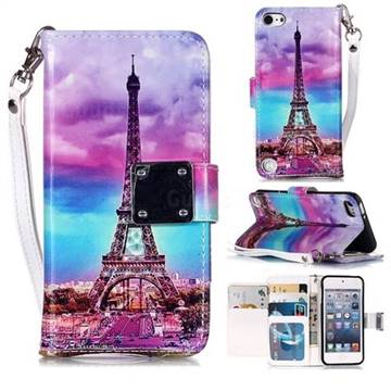 Rainbow Eiffel Tower 3D Shiny Dazzle Smooth PU Leather Wallet Case for iPod Touch 5 6
