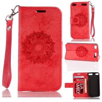 Embossing Retro Matte Mandala Flower Leather Wallet Case for iPod Touch 5 6 - Red