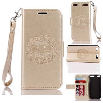 Embossing Retro Matte Mandala Flower Leather Wallet Case for iPod Touch 5 6 - Golden