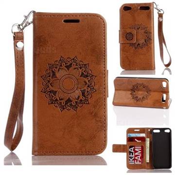 Embossing Retro Matte Mandala Flower Leather Wallet Case for iPod Touch 5 6 - Brown